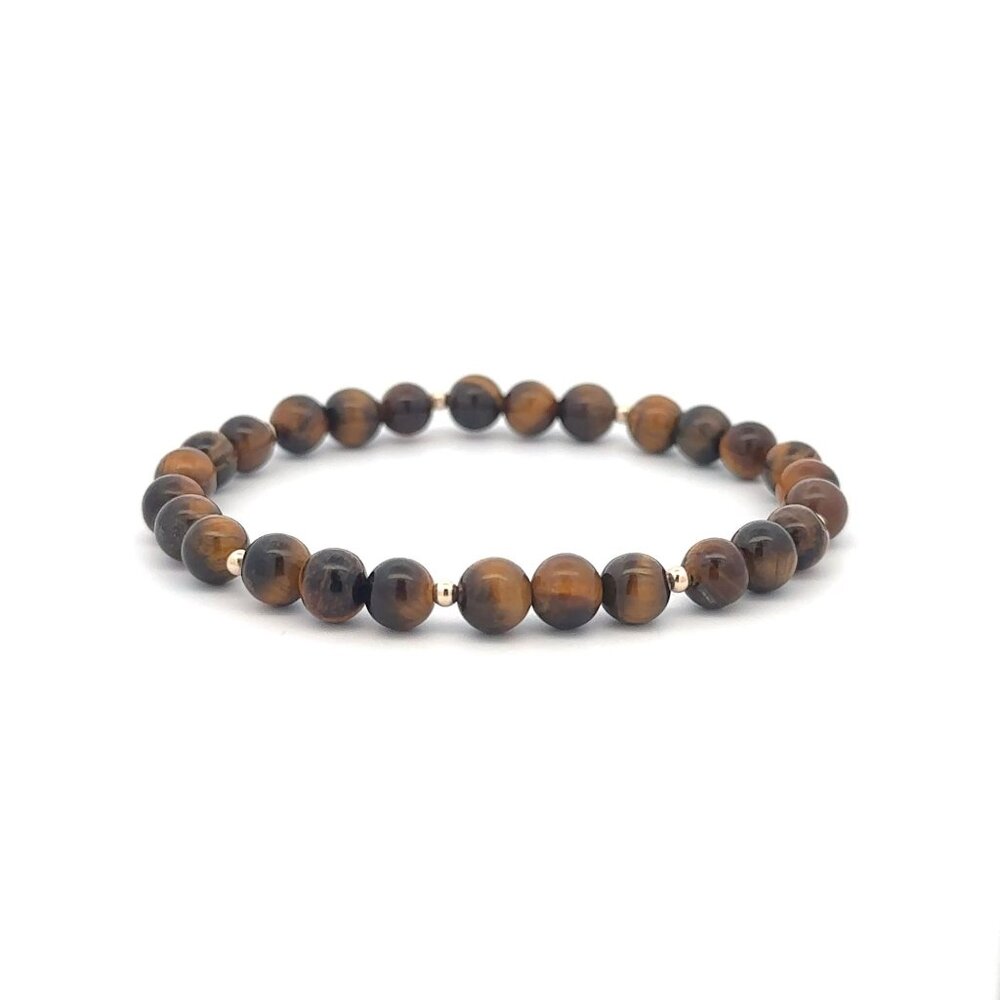 Tiger's Eye Gemstone Beaded Stretch Bracelet with 14K Gold Accent Beads Handmade